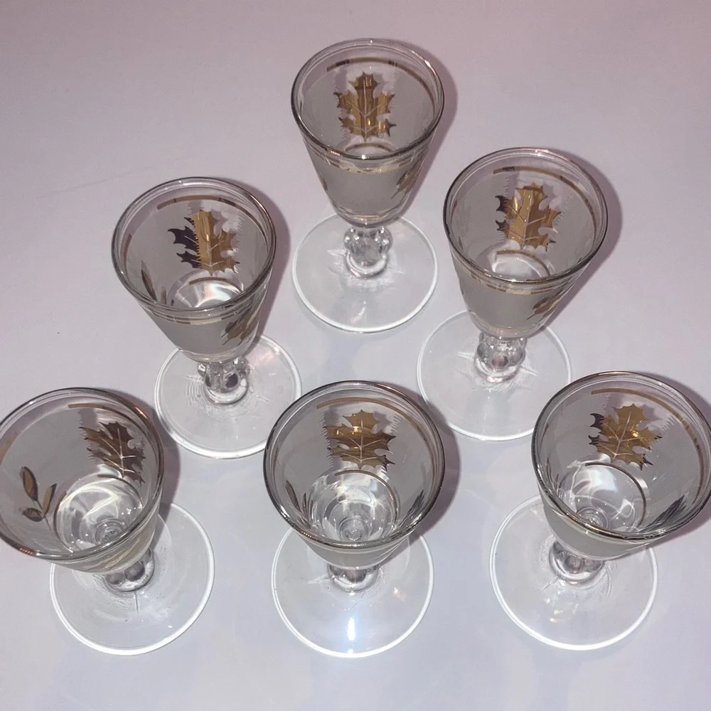 Libbey’s Frosted Gold Plated Leaf Stemmed Vintage Shot Glasses Bundle of 6